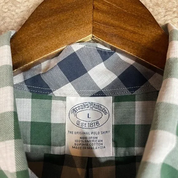 Brooks Brothers Button Down Shirt Mens Large L White/Green Check Non Iron Supima - Picture 4 of 8